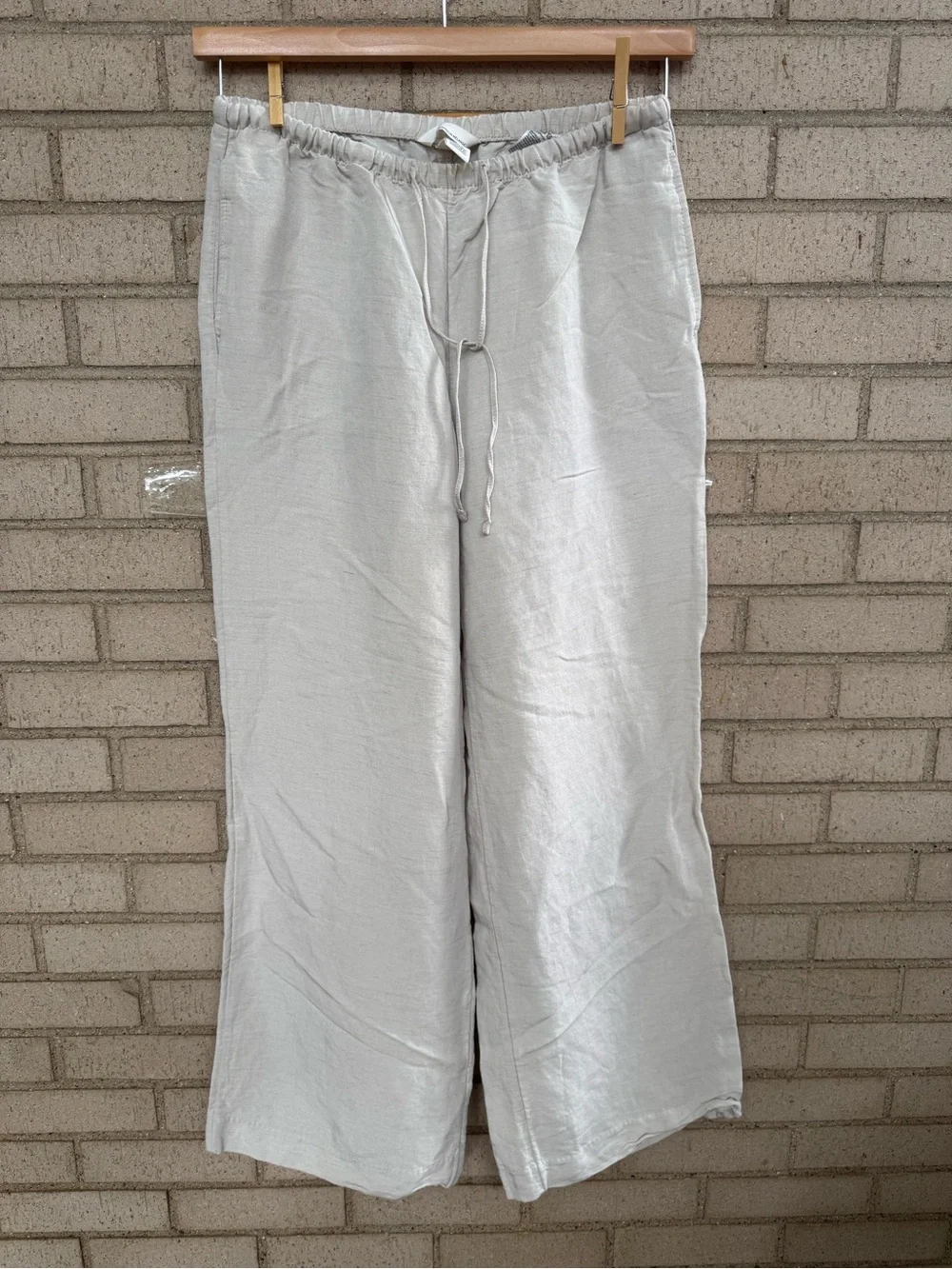 H&M Drawstring Pull On Linen Blend Wide Leg Pants Beige Oatmeal Sz Small
